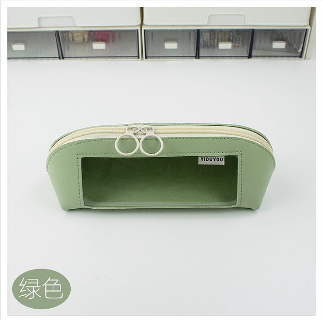 New Shell Morandi Color Leather Pencil Case Transparent Window Waterproof Large Capacity