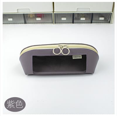 New Shell Morandi Color Leather Pencil Case Transparent Window Waterproof Large Capacity_img_2
